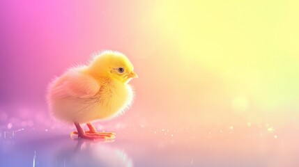 A fluffy yellow chick, glistening with a semi-transparent and ethereal glow, celebrates the joy and tenderness of Easter and the springtime.