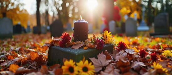 Autumn day at cemetery with candle and flowers on grave in November.