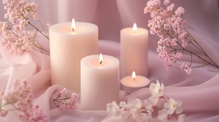 Obraz na płótnie Canvas a group of three white candles sitting next to each other on a pink cloth with pink and white flowers in the middle of the candles and a few pink flowers in the middle.