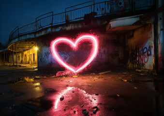 Light painted neon heart in dark urban environment - 714355521