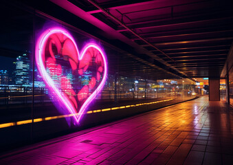 Glowing neon heart in metro station at night - 714355528