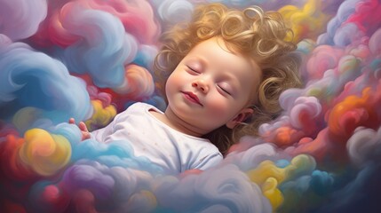Obraz na płótnie Canvas Baby sleeping on colorful clouds in the blue sky like a little angel. Sweet dreams. Happy child. AI Generated