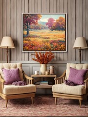 Vibrant Autumn Foliage Landscapes Vintage Painting: Farmhouse Print