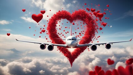 An airplane flying through red heart-shaped and clouds. romantic wallpaper.