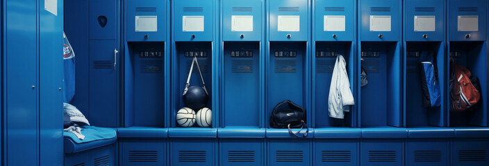 changing room with blue cabinets in the gym