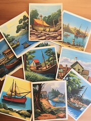 Vintage Coastal Postcards: Captivating Vistas of a Rustic Coastal Village with Charming Fisherman Boats