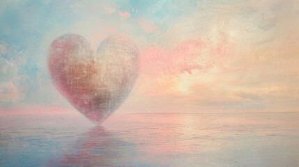 Fototapeta premium a painting of a heart in the middle of a body of water with a pink and blue sky in the background and a pink and blue sky in the foreground.