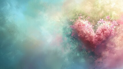 Fototapeta premium a painting of a heart shaped object on a blue, green, pink, and yellow background with a blue sky in the background and a light blue sky in the middle.