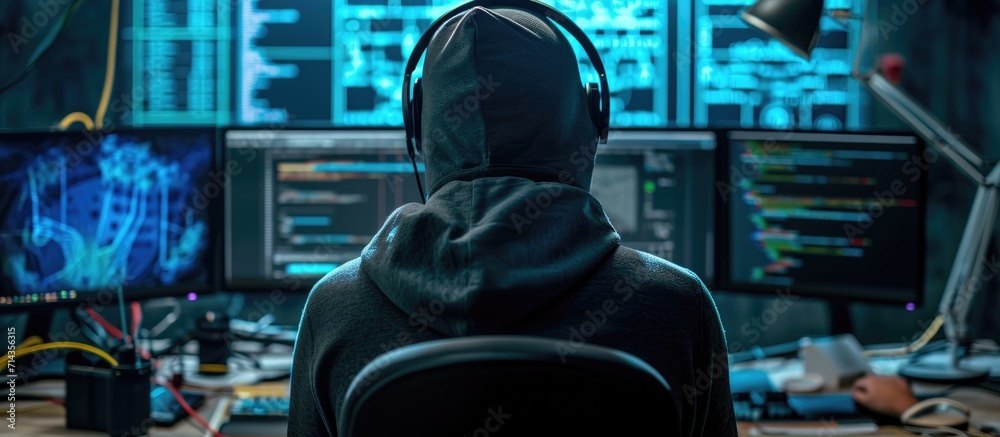 Poster internet hacker at a computer.