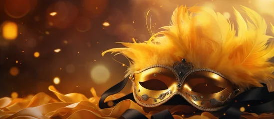 Fotobehang Luxury carnival mask with yellow feathers on gold blurred background. AI generated image © Leafart