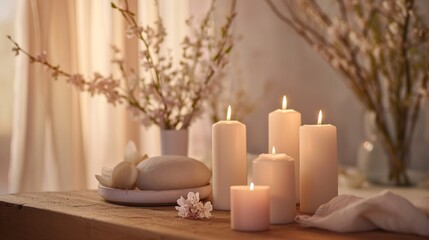  a group of white candles sitting on top of a table next to a vase of flowers and a plate of bread on a table next to a vase with flowers.
