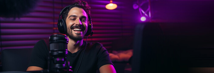 smiling young man with headphones talking on microphone at home - obrazy, fototapety, plakaty