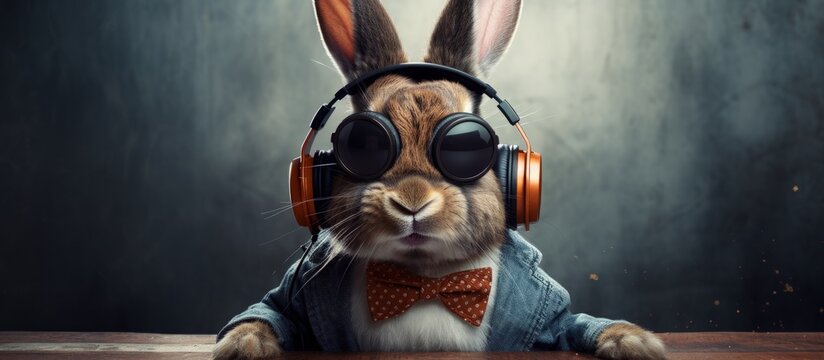 A funny stylist bunny listening music with headphones. AI generated image