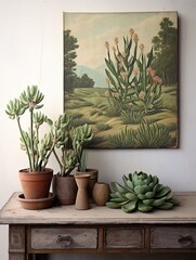 Beautiful Vintage Succulent Canvas Designs: Field Painting with Wildflower Amidst Desert Greenery.