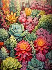 Vintage Succulent Canvas Field Painting: Wildflower Amidst Succulents - Unique Art for a Nostalgic Touch
