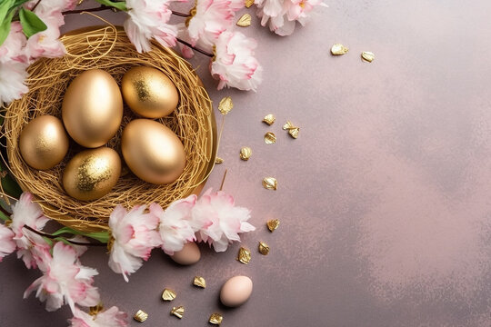 Golden eggs in nest with pink flowers on pastel background - Powered by Adobe