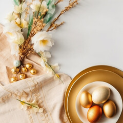 Obraz na płótnie Canvas Elegant golden Easter eggs on a plate with spring flowers.