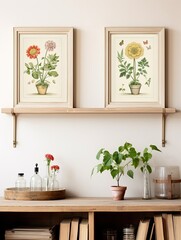 Fototapeta na wymiar Whimsical Botanical Farmhouse Flora: Vintage Art Print Wall Hangings