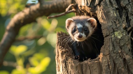  a black and white ferret in a tree looking out of a hole in the bark of a tree trunk, with green leaves in the background, on a sunny day.