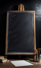 Empty blackboard in the school classroom with wooden table, pencils, papers and books. Challenging study and education.