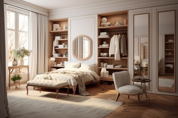 Beautiful classical style sun lit bedroom with pillows, blanket, mirror and large windows. AI Generated