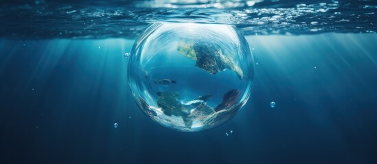 Closeup floating transparent blue earth globe on the deep sea water. Generate AI - obrazy, fototapety, plakaty
