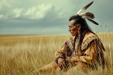 Spirit of the Plains: Lakota Sioux Hunter in Traditional Attire - obrazy, fototapety, plakaty