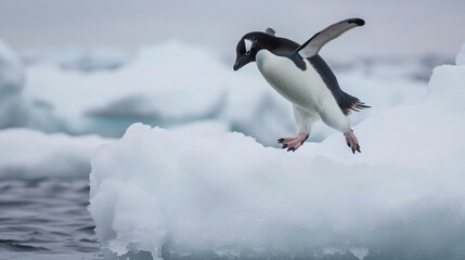 Adelie Penguin jumping between two ice floes. black heads and backs with white bellies AI Generative - obrazy, fototapety, plakaty