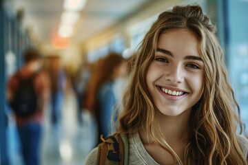 Joyful Teenage Girl in a High School Hallway with Friends in the Background, Smiling Towards the Camera