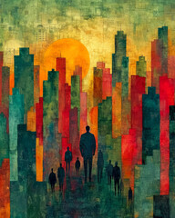 Artwork in the form of a painting with skyscrapers and silhouettes of people representing social inequality