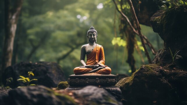 thai budda in mountains, forest background, sharp focus, copy space, 16:9