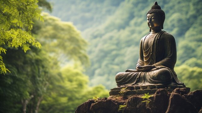 thai budda in mountains, forest background, sharp focus, copy space, 16:9