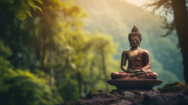 thai budda in mountains, forest background, sharp focus, copy space, 16:9
