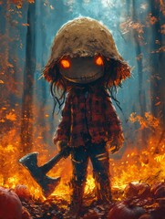 closeup person large forest scarecrow cute wicked reminded grim reaper fire raining chucky design own avatar - obrazy, fototapety, plakaty