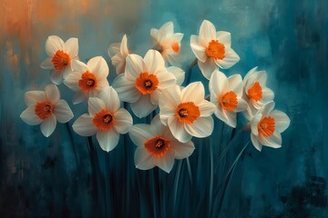 white orange flowers vase daffodils stunningly pale blue illustration