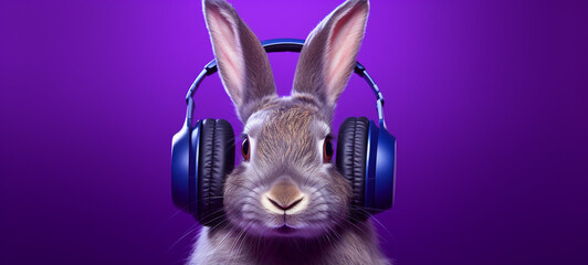 A croller wearing headphones on a purple background, generative AI