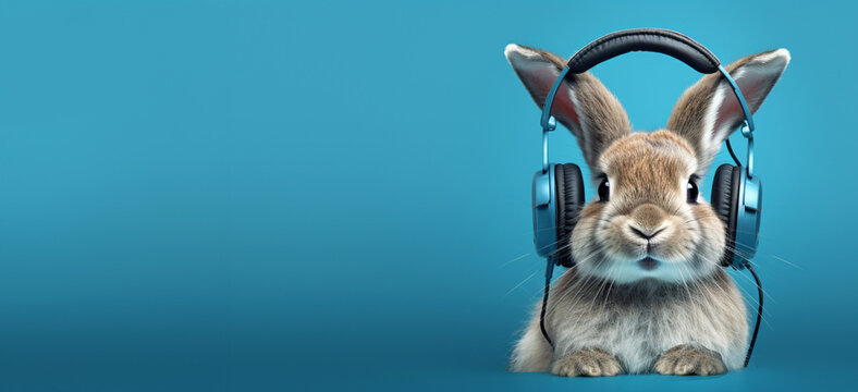 Crol in headphones on a blue background, center of the picture, generative AI