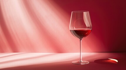  a glass of red wine sitting on top of a table next to a slice of fruit on top of a white tablecloth and a red background with light coming from behind it.