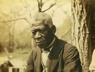 Photorealistic Old Black Man with Blond Straight Hair vintage Illustration. Portrait of a person in 1920s era aesthetics. Historic photo style Ai Generated Horizontal Illustration.