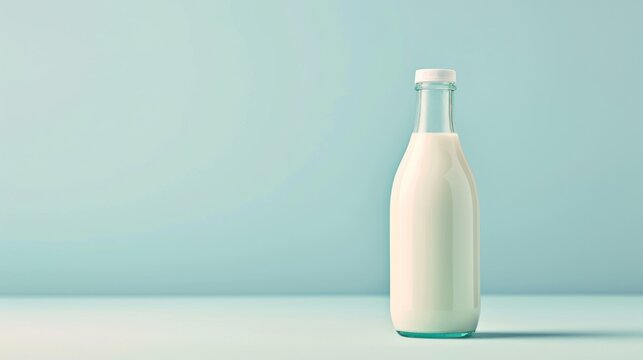  a bottle of milk sitting on a table next to a light blue background with a shadow on the bottom of the bottle and the bottom half of the bottle is empty.