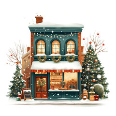 Vintage christmas shop front in town draw line art illustration