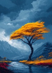 tree rain mountain background science fiction wind blows leaves yellow cyan color tears time die sweet acacia trees young falling