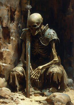 skeleton sitting ground sword oil year profile waiting patiently grainy battle worn ancient catacombs skeletal one thousand years longing dream