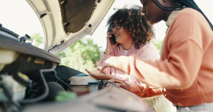 Phone call, road trip and vehicle breakdown with friends on street together for travel, journey or getaway. Stress, engine and car trouble with young women talking on mobile for roadside assistance