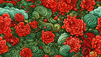 intricate floral pattern. Red roses bloom amidst ornate green foliage. Depth created through varying shades. Mood lively, rich colors complex patterns. Hand-drawn design, vintage style
