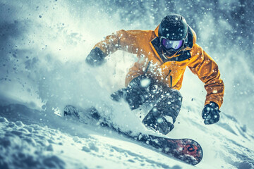 Snowboarder in action, man in yellow jacket slides at ski slope spraying snow powder. Concept of snowboard, winter, sport, splash, extreme