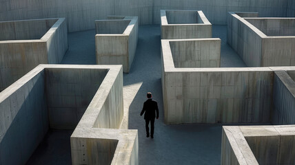 Businessman walks inside concrete labyrinth, lost man searching for way out of strange surreal maze. Concept of problem, uncertainty, business, obstacle, choice and solution - obrazy, fototapety, plakaty