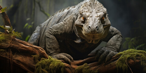 Komodo dragon looks at camera, portrait of big monitor lizard, wild reptile as ancient dinosaur in...
