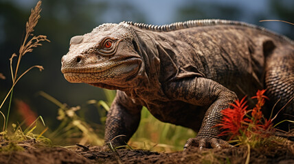 Fototapeta premium Komodo dragon close-up, portrait of big monitor lizard, wild reptile as ancient dinosaur in jungle. Concept of wildlife, nature, animal skin, Indonesia, wilderness, fauna