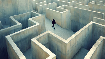 Lone man walks inside concrete maze, lost person searching for way out of strange surreal labyrinth. Concept of problem, uncertainty, quest, business, obstacle, choice - obrazy, fototapety, plakaty